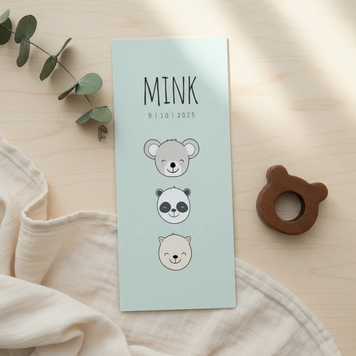 Geboortekaartje jongen derde kind met koala, panda en katje