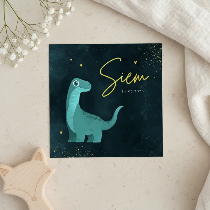 Geboortekaartje jongen dino Brontosaurus goud hartjes