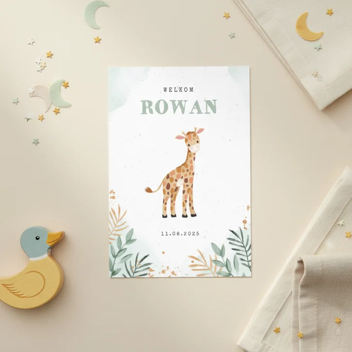 Geboortekaartje jongen giraf botanisch goud waterverf