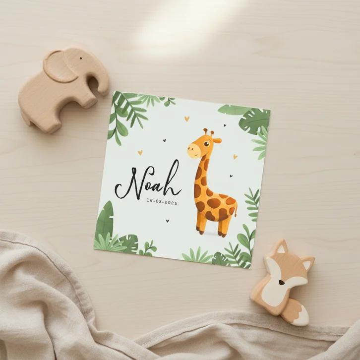 Geboortekaartje jongen giraf illustratie jungle hartjes