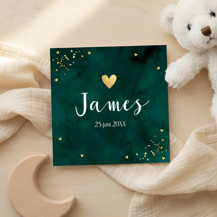 Geboortekaartje jongen groen goudlook hartjes