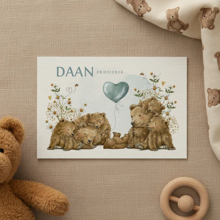 Geboortekaartje jongen groot gezin met beren