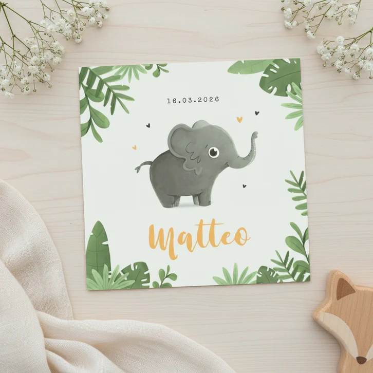 Geboortekaartje jongen jungle dier olifant hartjes