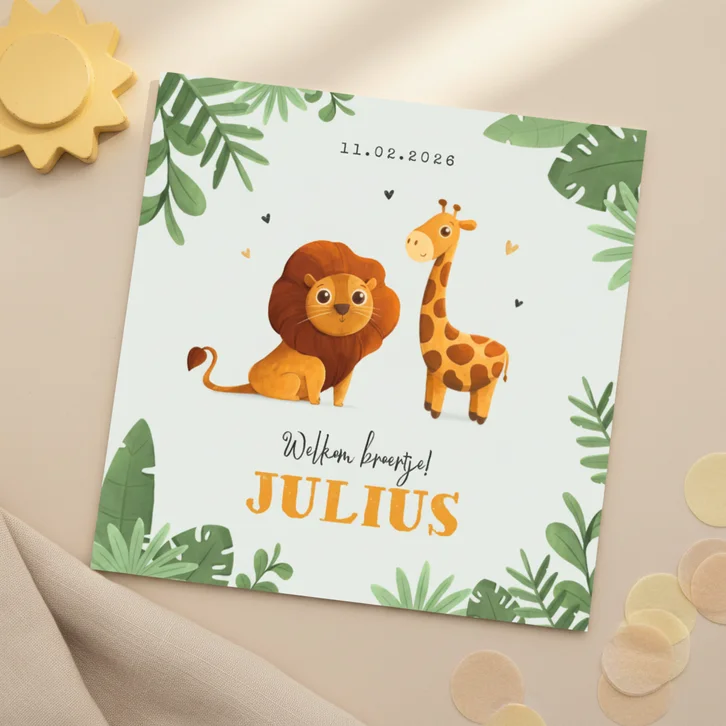 Geboortekaartje jongen jungle dieren leeuw giraf broertje