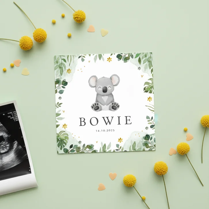 Geboortekaartje jongen koala jungle bloemen lief
