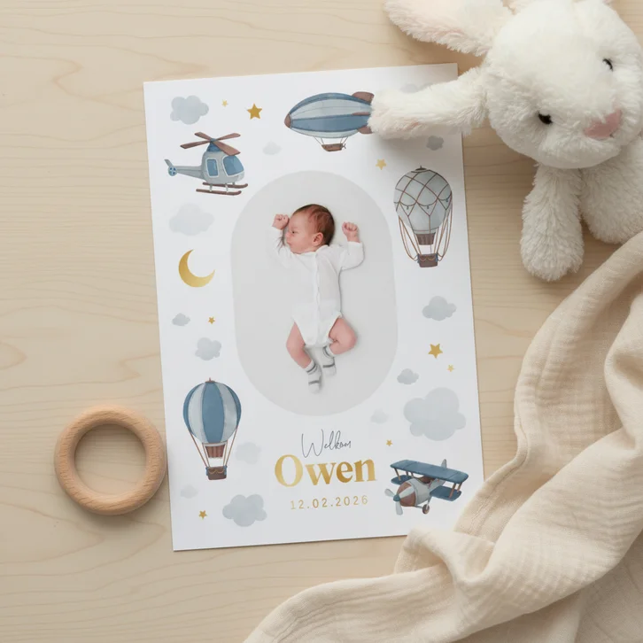 Geboortekaartje jongen luchtvaartuigen wolken maan sterren
