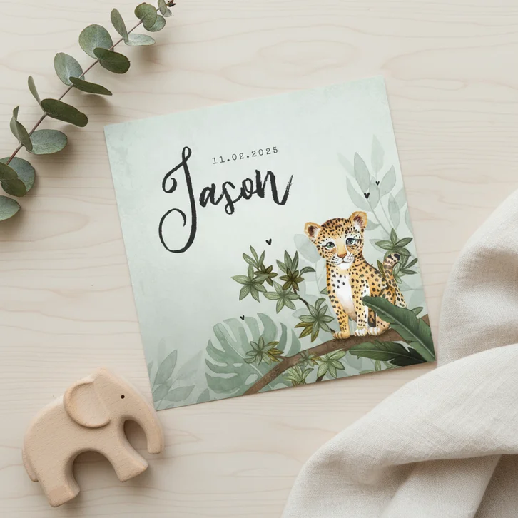 Geboortekaartje jongen luipaard botanisch groen jungle