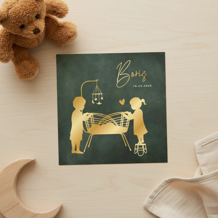 Geboortekaartje jongen - met grote broer en zus en wiegje