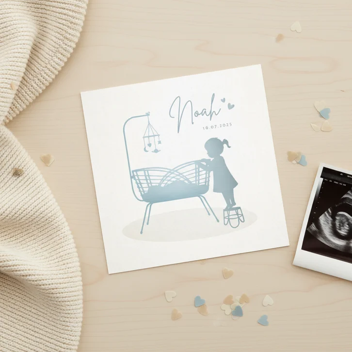 Geboortekaartje jongen met grote zus bij rotan wiegje