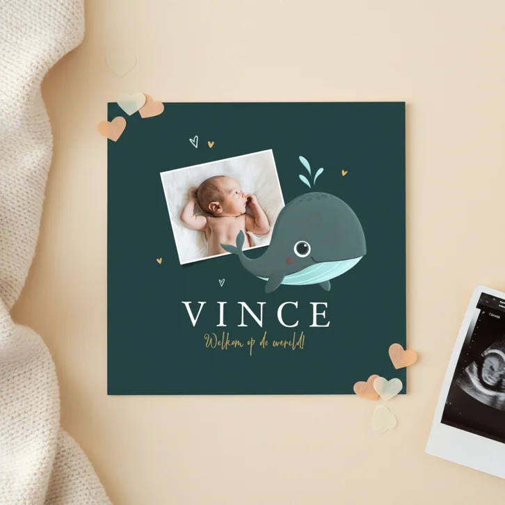 Geboortekaartje jongen oceaan walvis foto hartjes