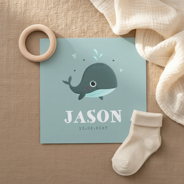Geboortekaartje jongen oceaan walvis hartjes blauw