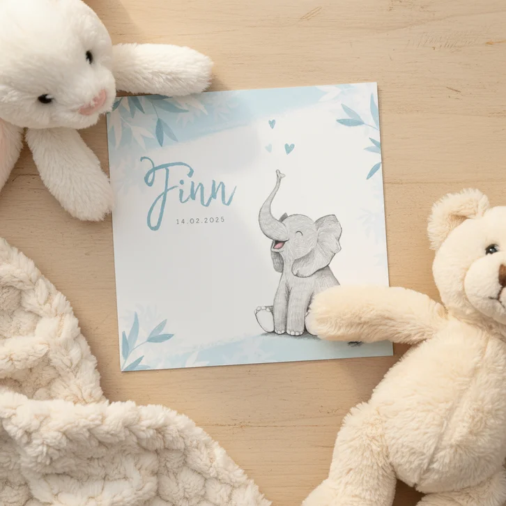 Geboortekaartje jongen olifant dieren blauw illustratie