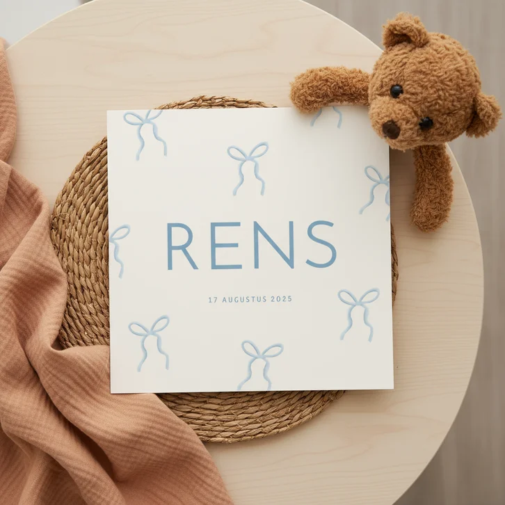 Geboortekaartje jongen patroon blauwe strikjes illustratie