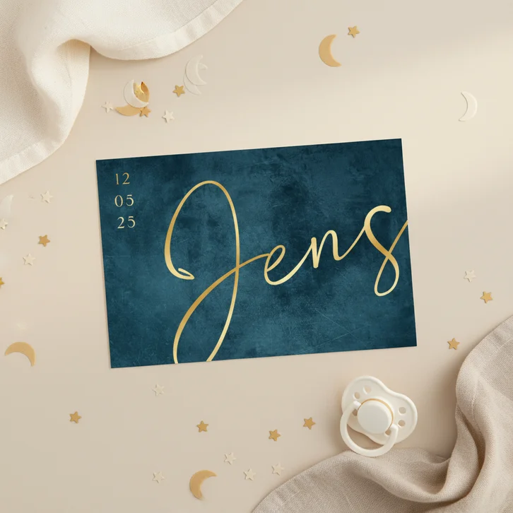 Geboortekaartje jongen petrol blauw stoer stijlvol goud