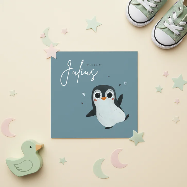 Geboortekaartje jongen pinguin hartjes lief