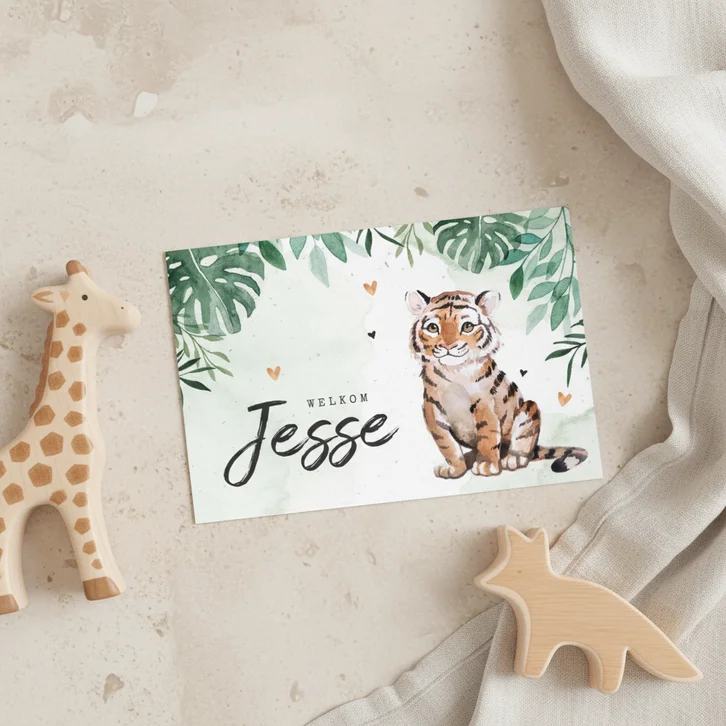 Geboortekaartje jongen tijgertje botanisch groen waterverf
