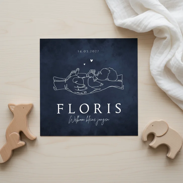 Geboortekaartje jongen trend line art baby hartjes voetjes