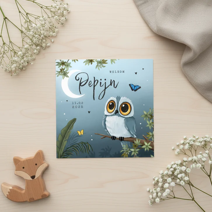 Geboortekaartje jongen uil nachtvlinders jungle boom sterren