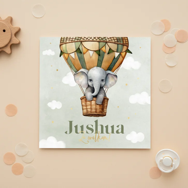 Geboortekaartje jongen vintage luchtballon olifantje lief