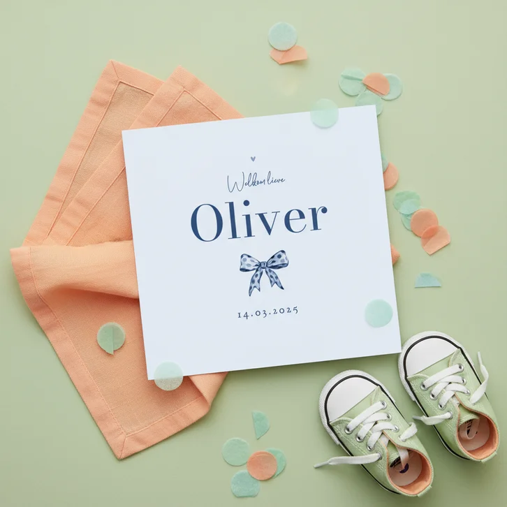 Geboortekaartje jongen vintage strikje klassiek blauw