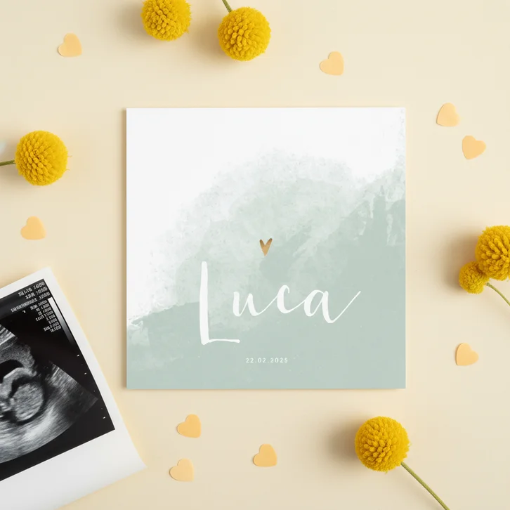 Geboortekaartje jongen waterverf met gouden hartje