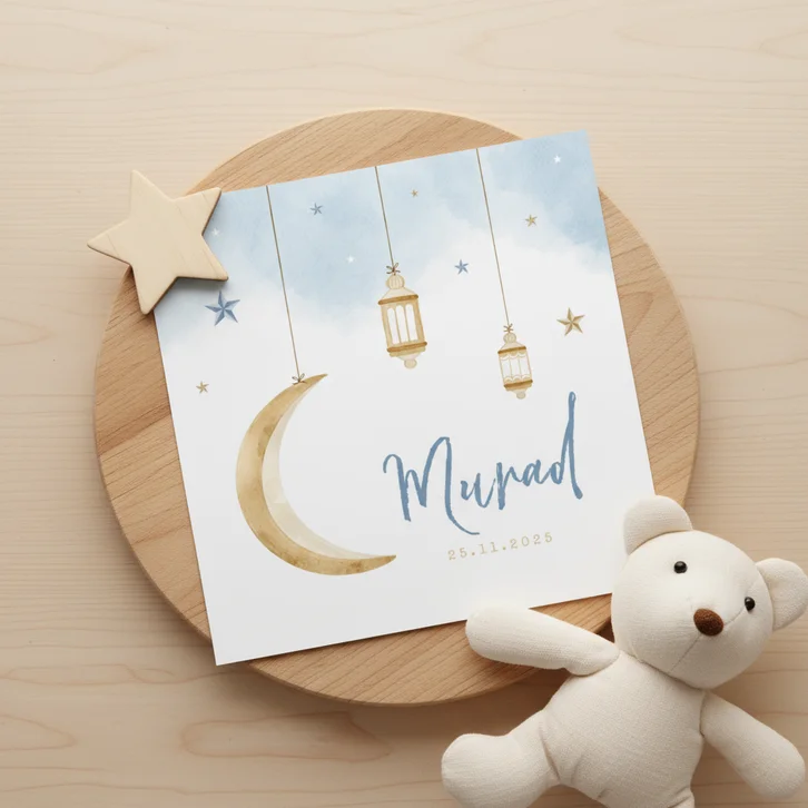 Geboortekaartje jongen waterverf sterren maan