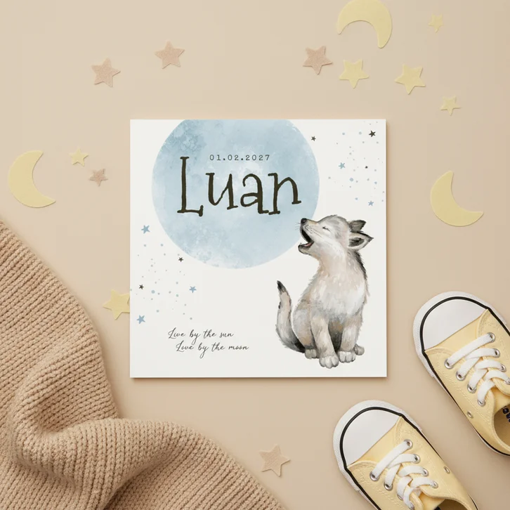 Geboortekaartje jongen wolf sterretjes maan waterverf