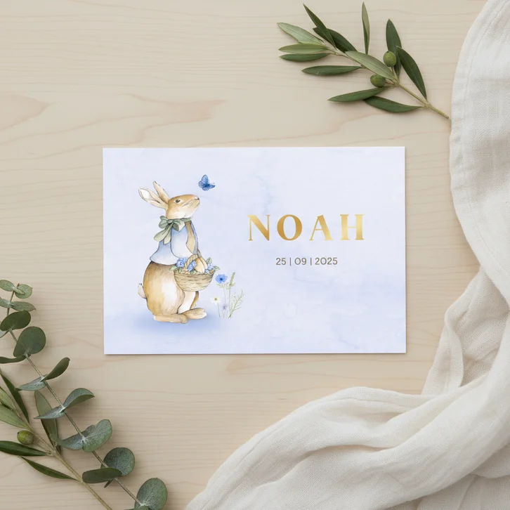 Geboortekaartje jongetje met vintage konijntje met bloemen