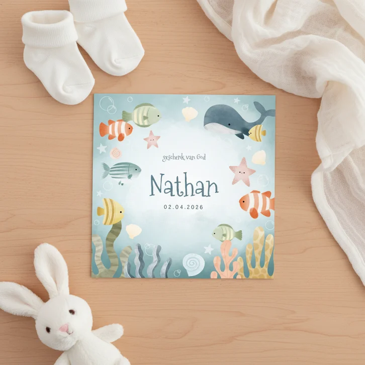 Geboortekaartje jongetje met visjes, walvis, oceaan sterren