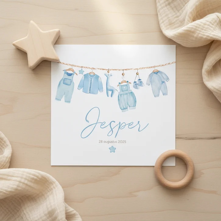 Geboortekaartje jongetje waslijn kleertjes