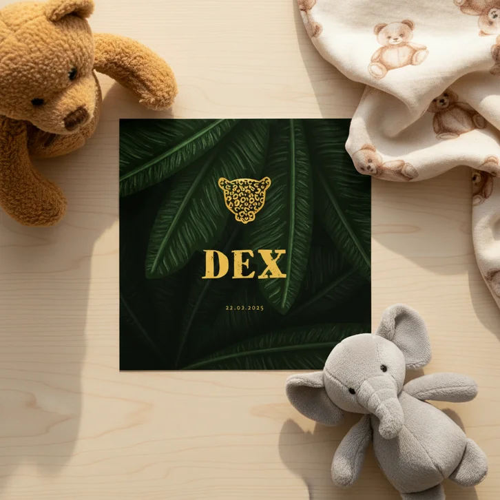 Geboortekaartje jungle bladeren met panter silhouet goud