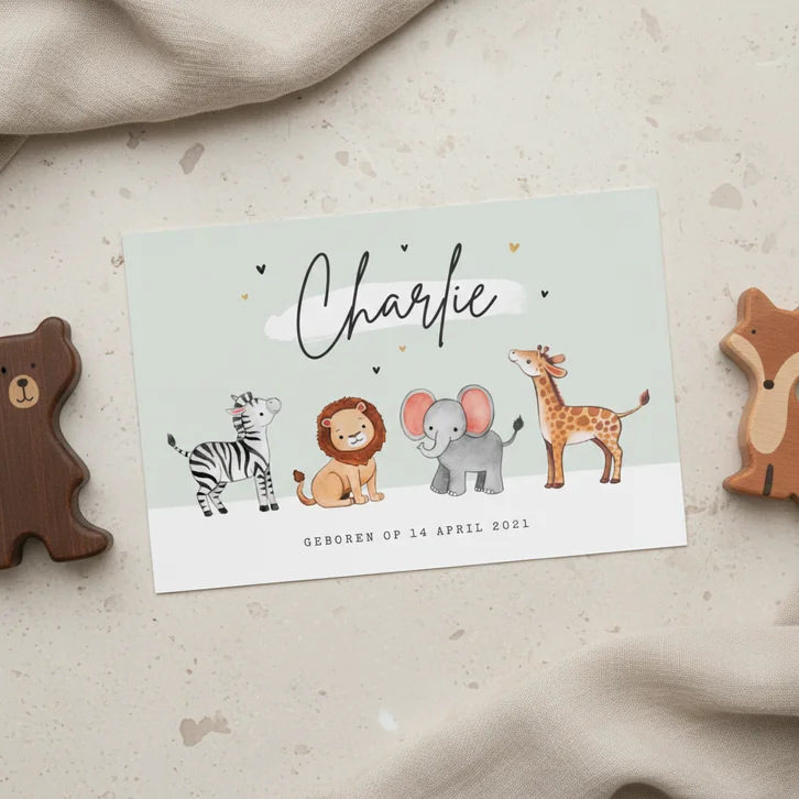 Geboortekaartje jungle dieren olifant zebra giraf leeuw 