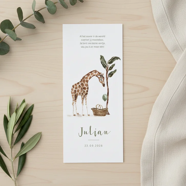 Geboortekaartje jungle giraf baby mandje boom