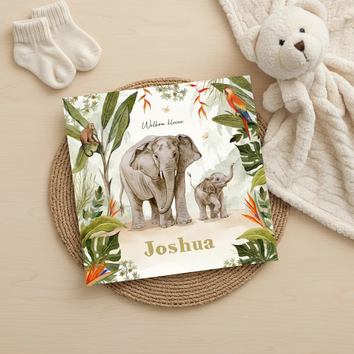 Geboortekaartje jungle olifanten baby schattig unisex