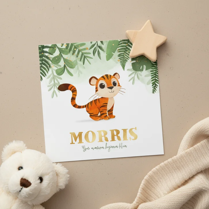 Geboortekaartje jungle tijger goud hartjes illustratie