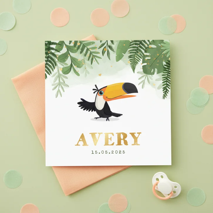 Geboortekaartje jungle toekan stoer hartjes goud