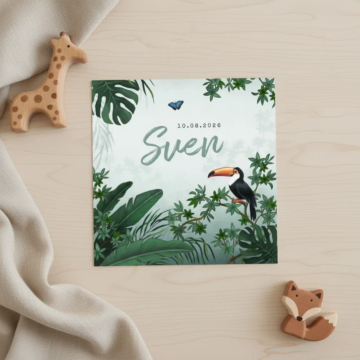 Geboortekaartje jungle toekan vlinder dieren groen