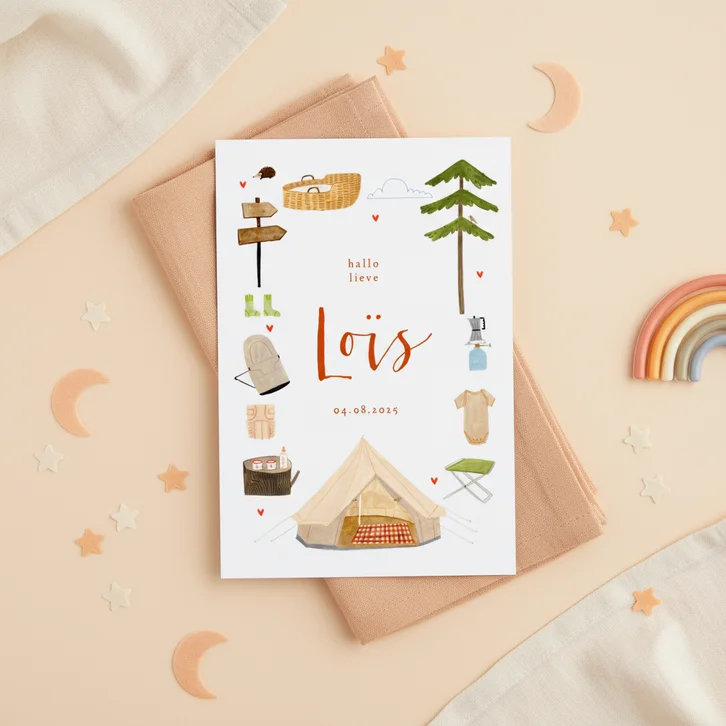 Geboortekaartje kamperen tent, hartjes en baby spulletjes