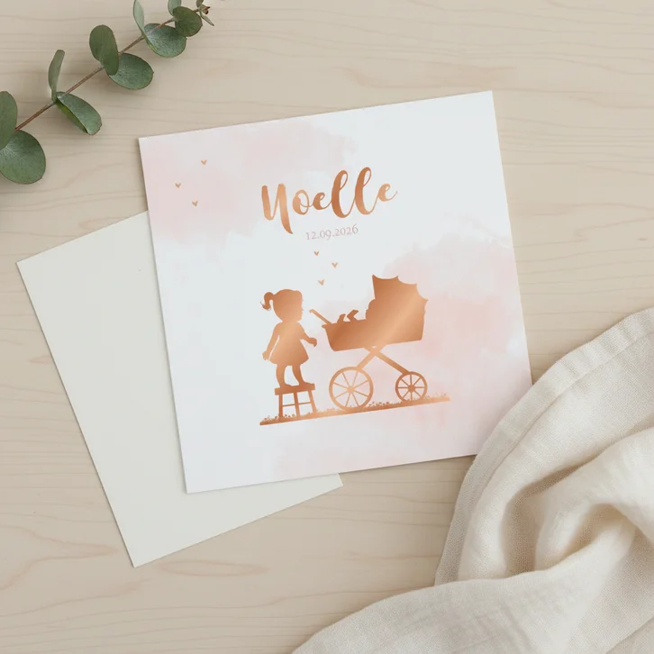 Geboortekaartje kinderwagen met zusje silhouet