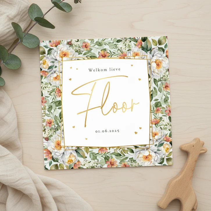 Geboortekaartje klassiek bloemen hartjes groen meisje