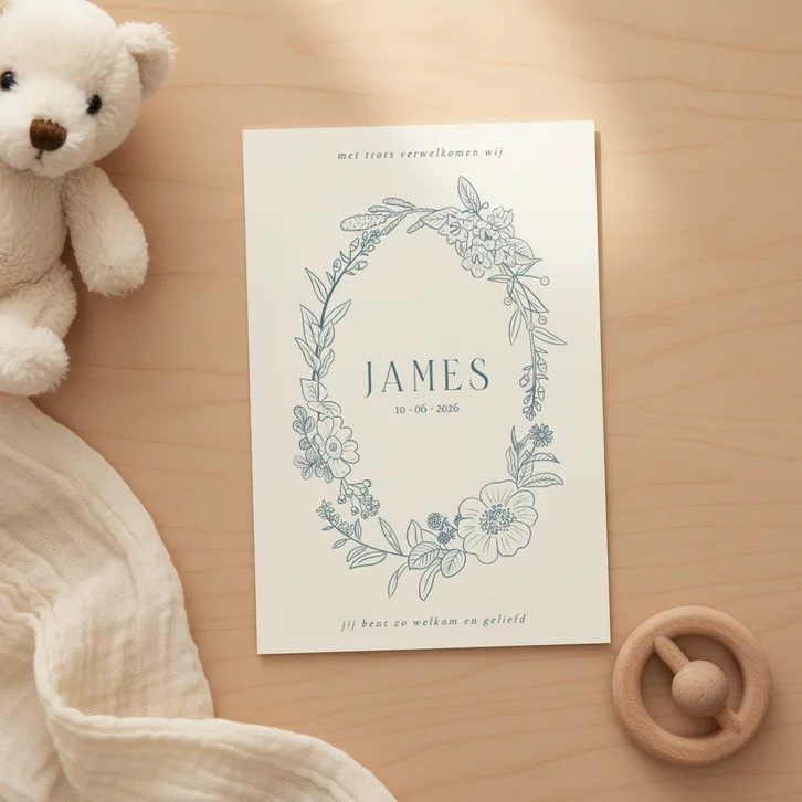 Geboortekaartje klassiek bloemenkrans in blauw