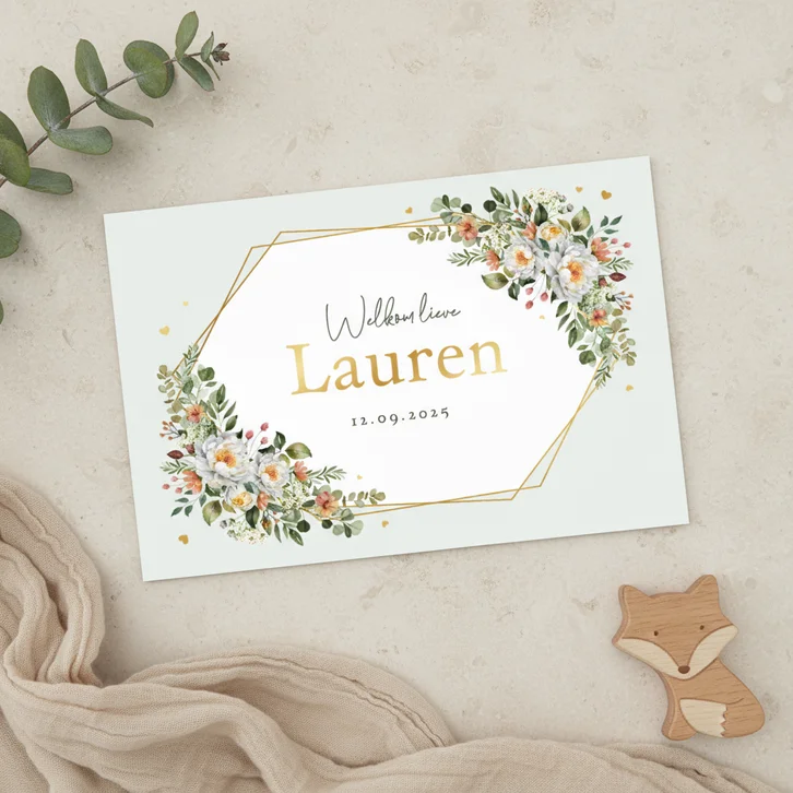 Geboortekaartje klassiek goud bloemen hartjes groen