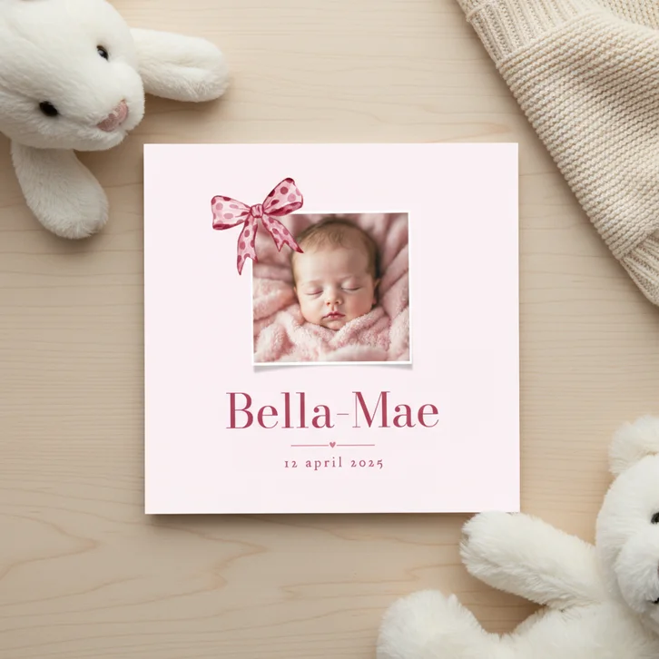 Geboortekaartje klassiek meisje foto strikje roze stippen