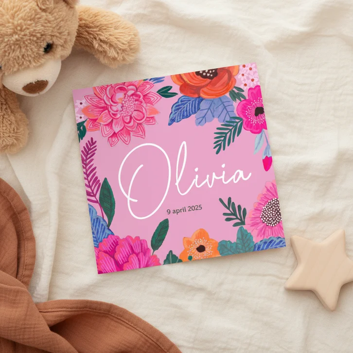 Geboortekaartje kleurrijke bloemen roze