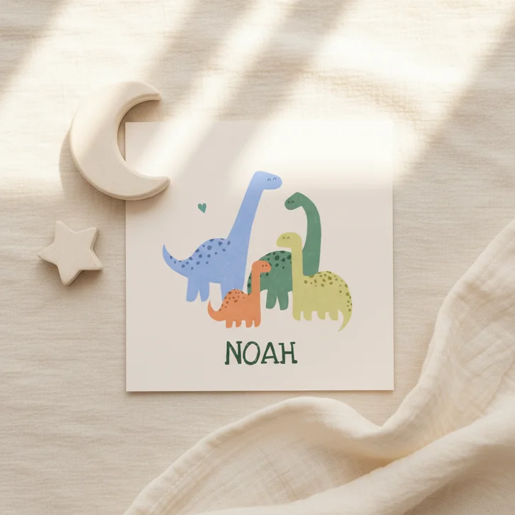 Geboortekaartje kleurrijke dino gezin broertje zusje