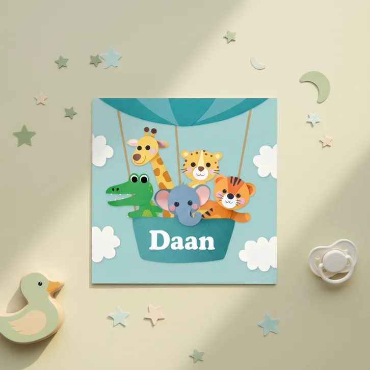 Geboortekaartje knuffel dieren in luchtballon blauw