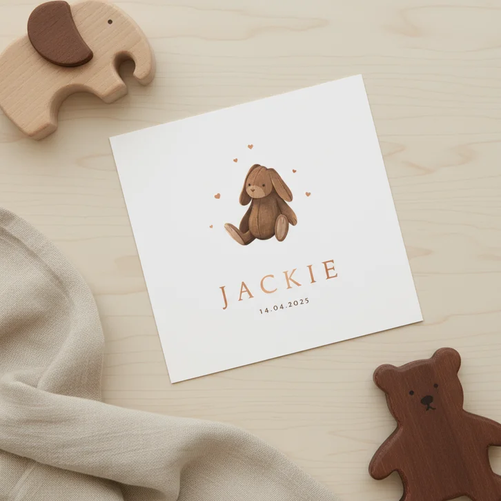 Geboortekaartje knuffelkonijn vintage speelgoed unisex
