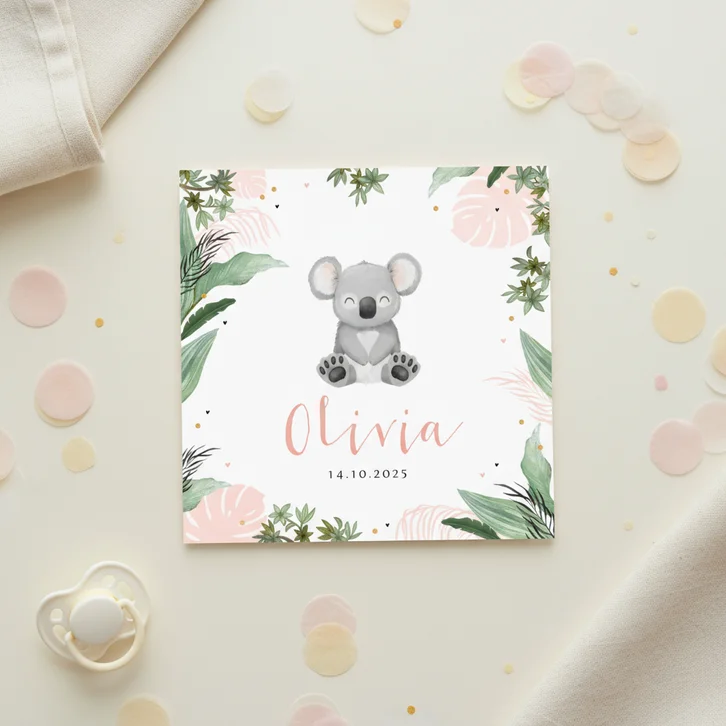 Geboortekaartje koala jungle meisje hartjes