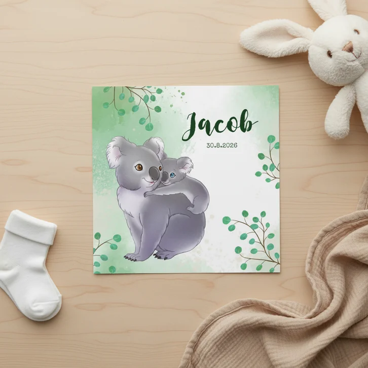 Geboortekaartje koala met baby en takjes waterverf 