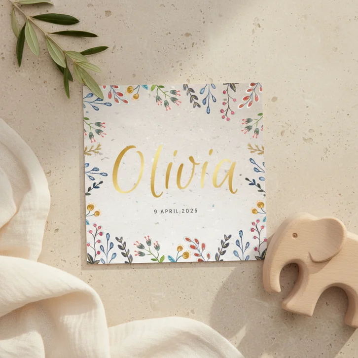 Geboortekaartje kraft papier lieve bloemen waterverf